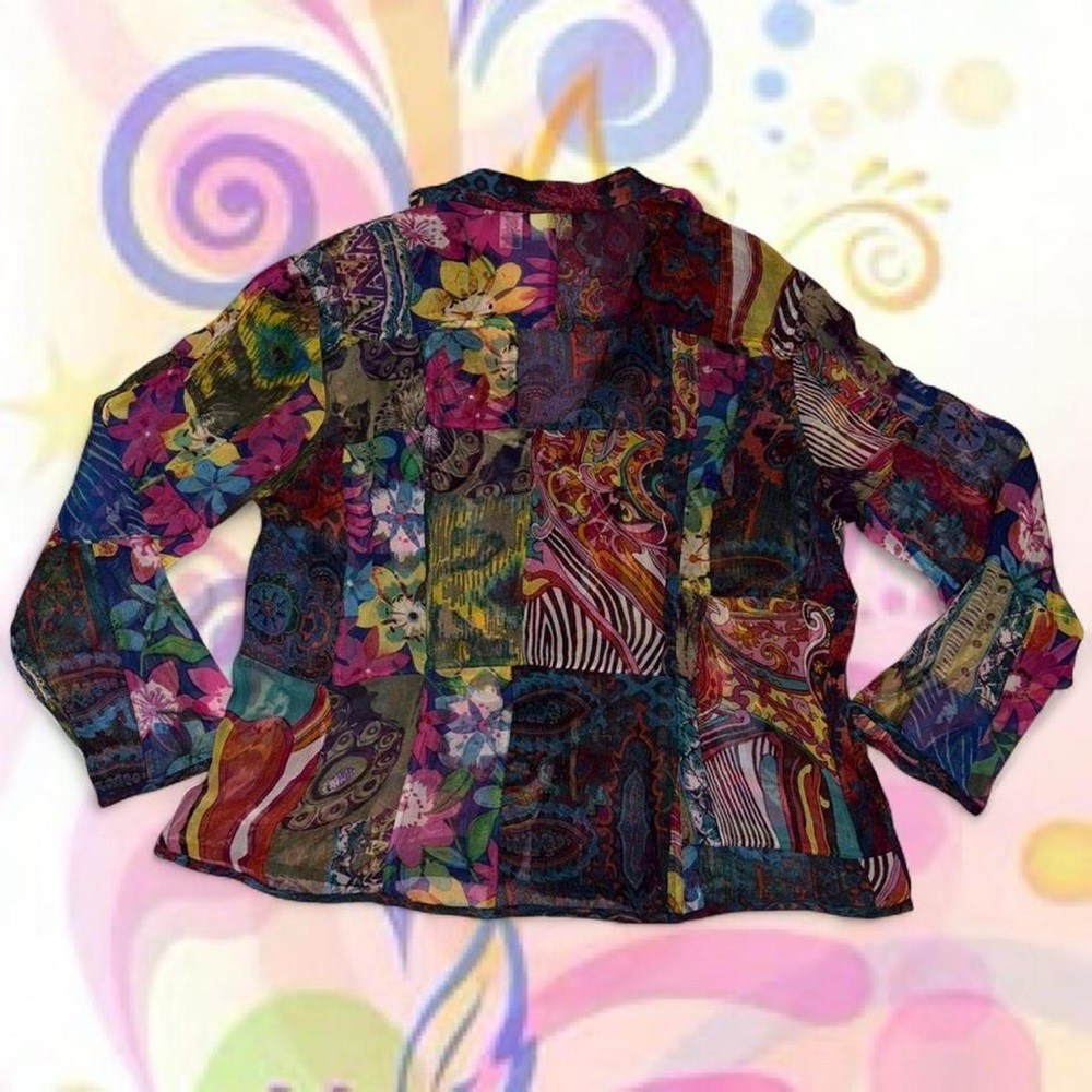 MINT vtg 90s wearable art sheer 81% silk patchwork button up - chico’s, sz 3/xl - Picture 5 of 6